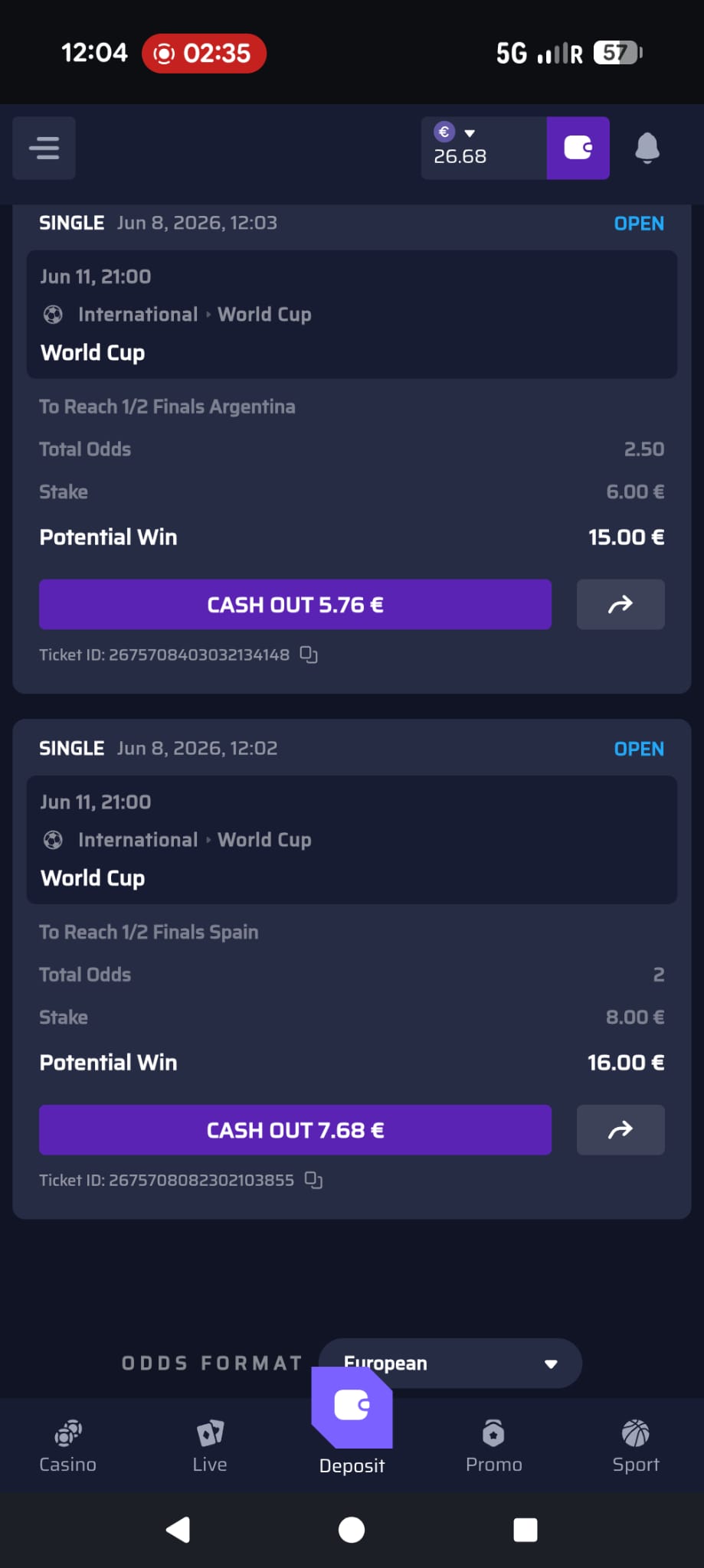 Geplaatste weddenschappen met cash-out
