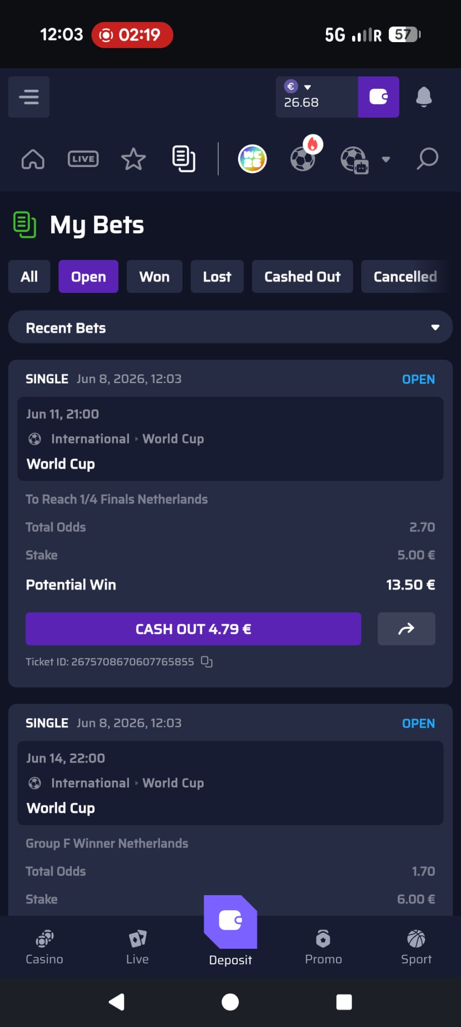 My Bets overzicht in Betory