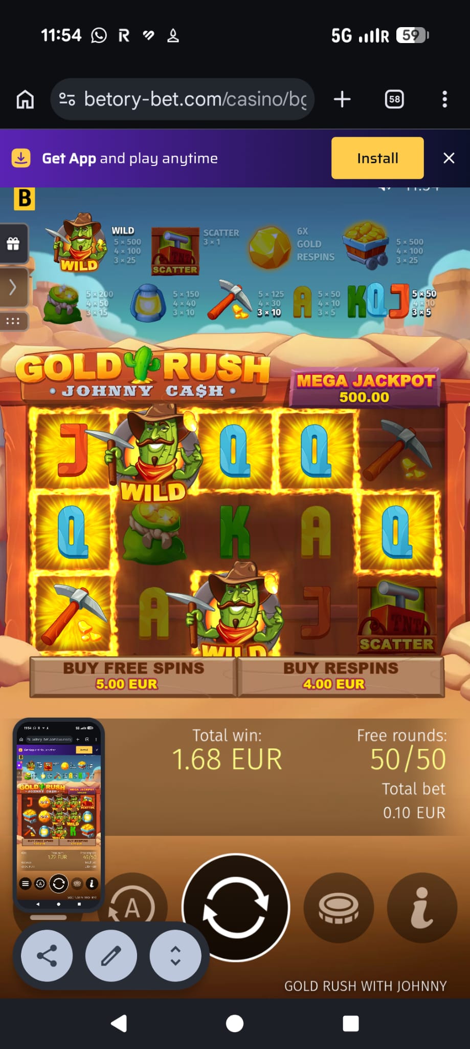 Gold Rush slot sessie bij Betory